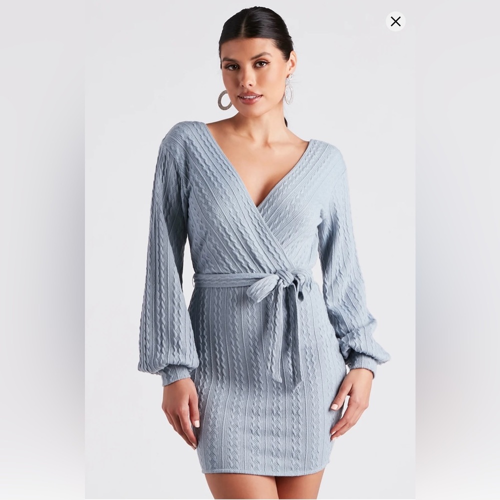 ✨ Windsor Dusty Blue Cable Knit Wrap Mini Dress ✨